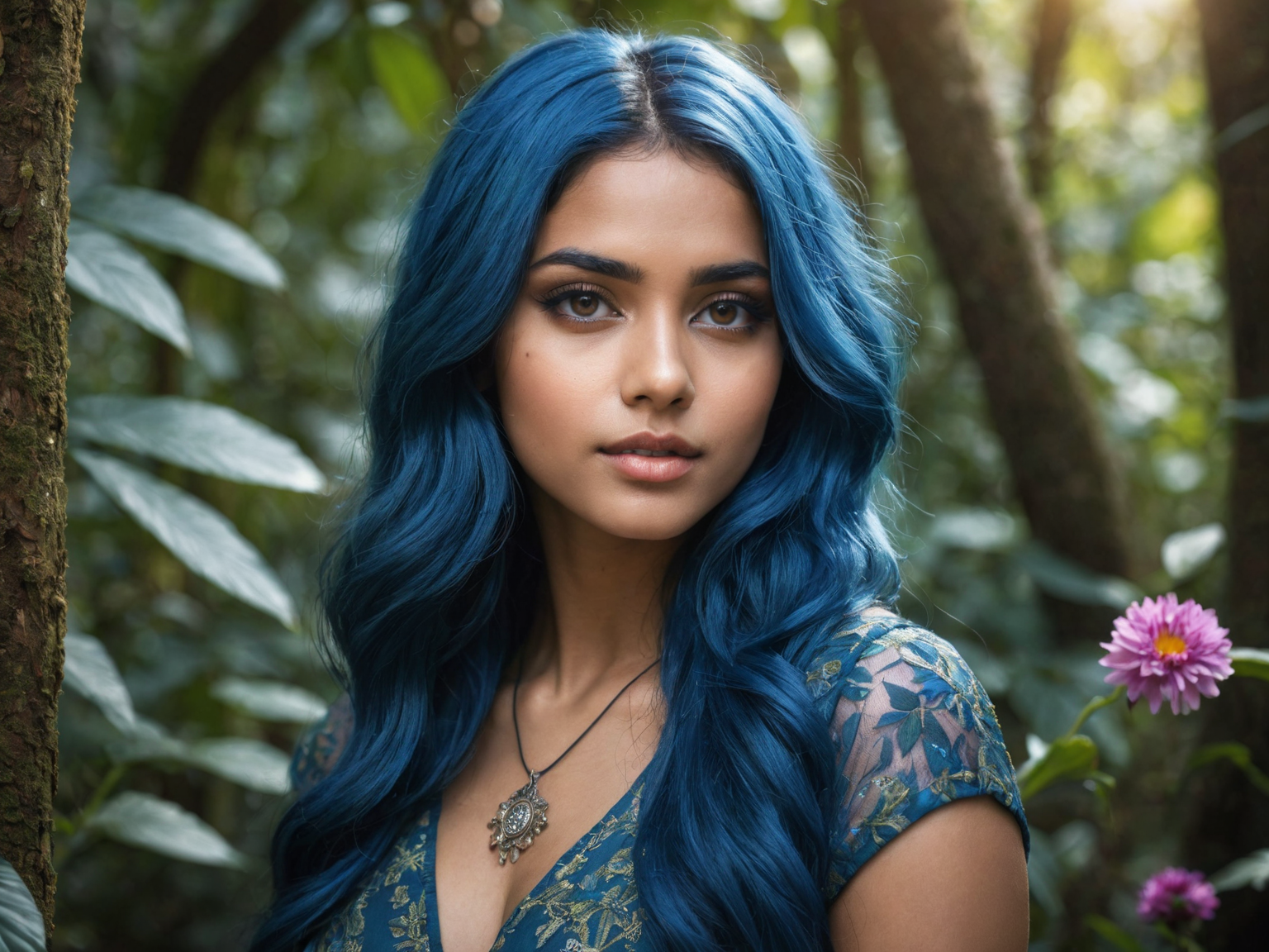 31073128-2039823409426-fashion photography portrait of indian girl with blue hair, in lush jungle with flowers, symetrical, 35mm, bokeh, 9_16, (intrica.png